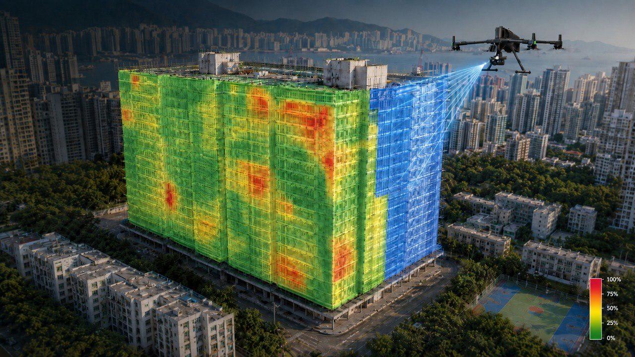 Drone scanning a high-rise scaffolding facade, with a hyperspectral compliance heat-map overlaid on the safety nets