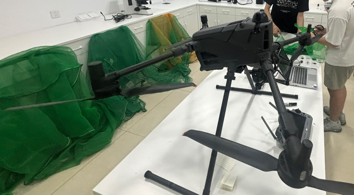 Fly Fly Check team lab-testing the inspection drone against fire-retardant safety nets